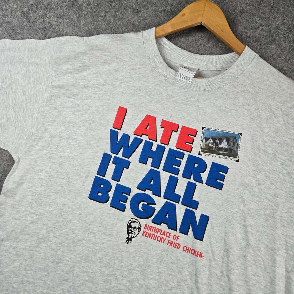 Vtg 90s KFC Promo T Shirt Mens XL Gray Birthplace Colonel Sanders Food